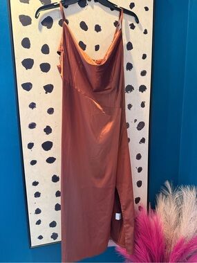 Satin Slip Midi Dress in Rust